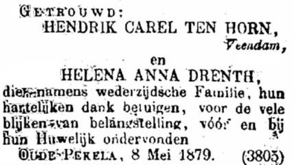 Huwelijksannonce Hendrik Carel ten Horn en Helena Anna Drenth.