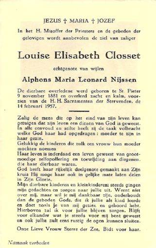Bidprentje van Louise Elisabeth Closset.