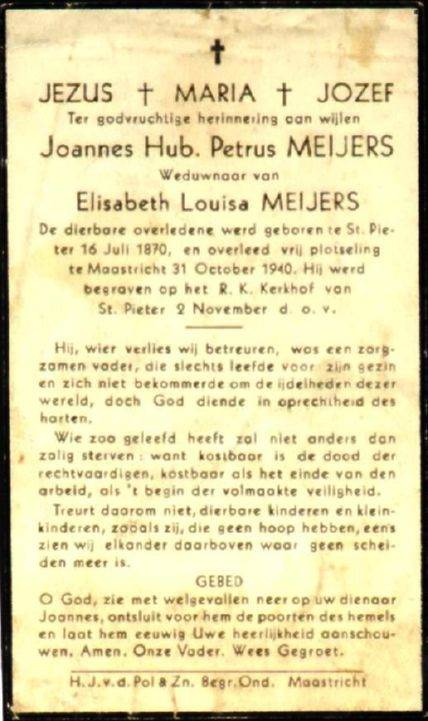 Bidprentje Joannes Hubertus Petrus Meijers.